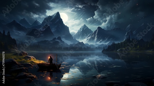 A majestic obsidian black lake surrounded by towering mountains, with the moon and stars casting a celestial glow on its still waters © Adobe