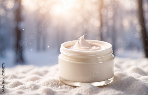 Cream make up on bright snow forest sunshine background. Winter backdrop