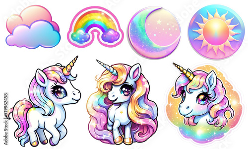 set , clip art, unicorns, clouds, sun, moon, cartoon, children's. nursery set of  elements, stickers. Isolated unicorns, rainbows, clouds, stars, etc are good for prints, cards, posters, kids apparel,