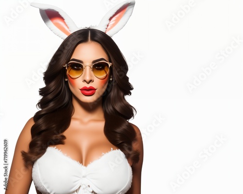 Sexy brunette woman wearing bunny ears and sunglasses on white background