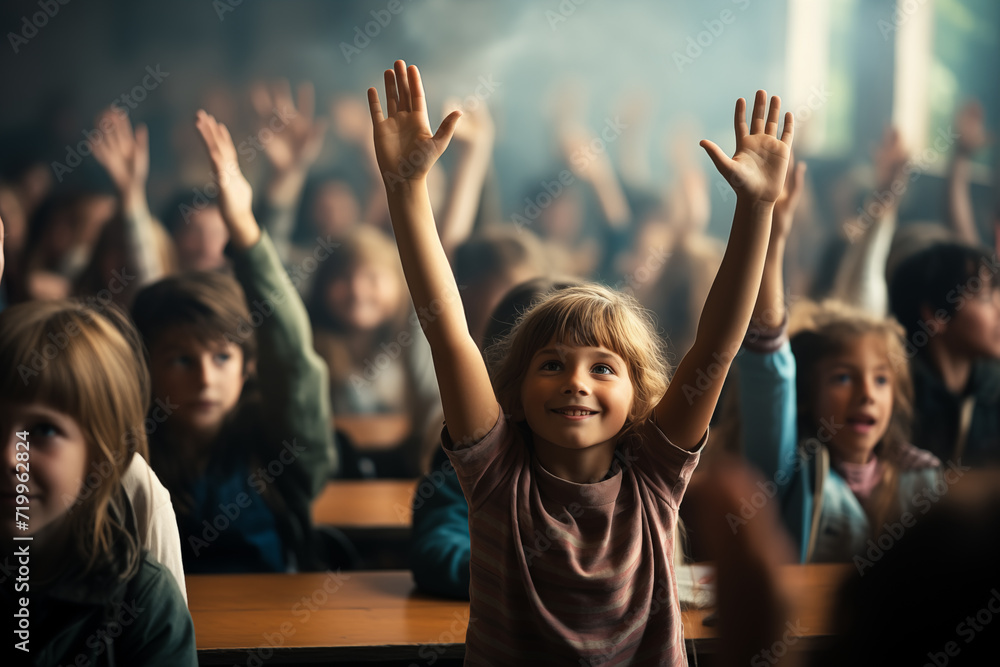 Happy little student girl raising hand up to answer. School children in classroom at lesson. Generative Ai. Happy little student girl raising hand up to answer. School children in classroom at lesson. Generative Ai.