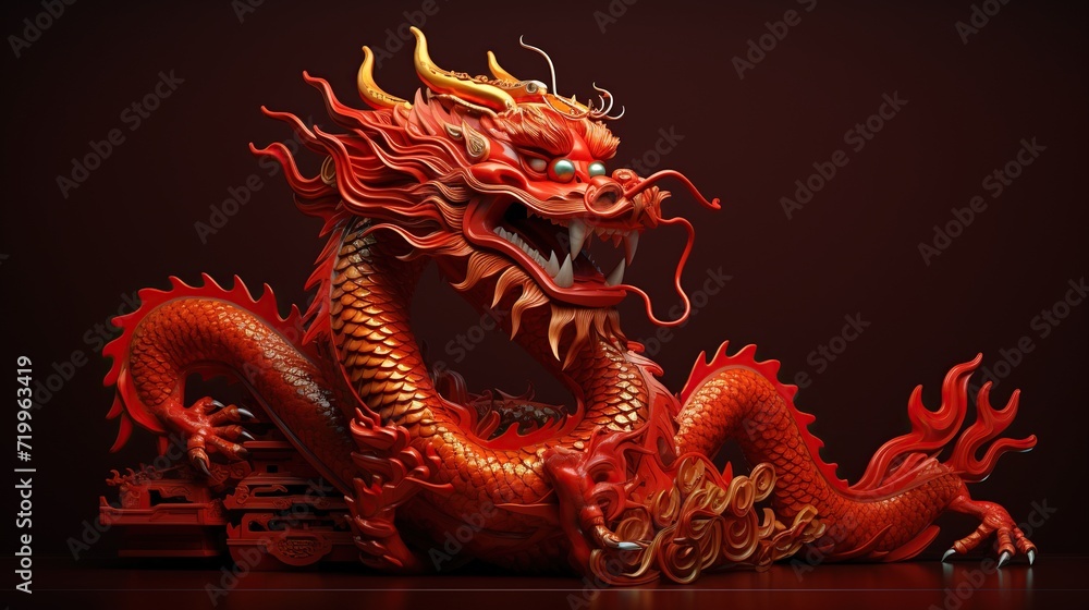 Obraz premium Traditional Chinese dragon on a dark red background for Chinese new year concept. Created with Generative AI