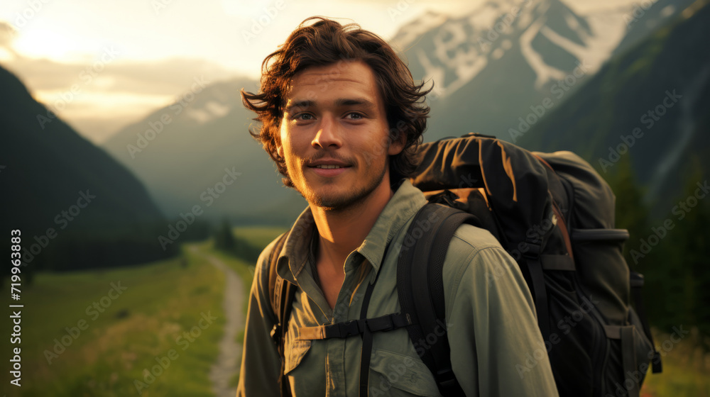 Portrait, adventure and mountain top with man hiking for travel, freedom or sunset vacation. Health, workout and peak with athlete on landscape view for winner, motivation or exercise in nature