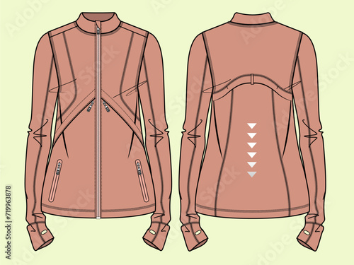 Ladies Workout Activewear Zip Through Funnel Neck Jacket - Front, Back Views - Gym, Sports, and Cycling Vector Flat Sketch