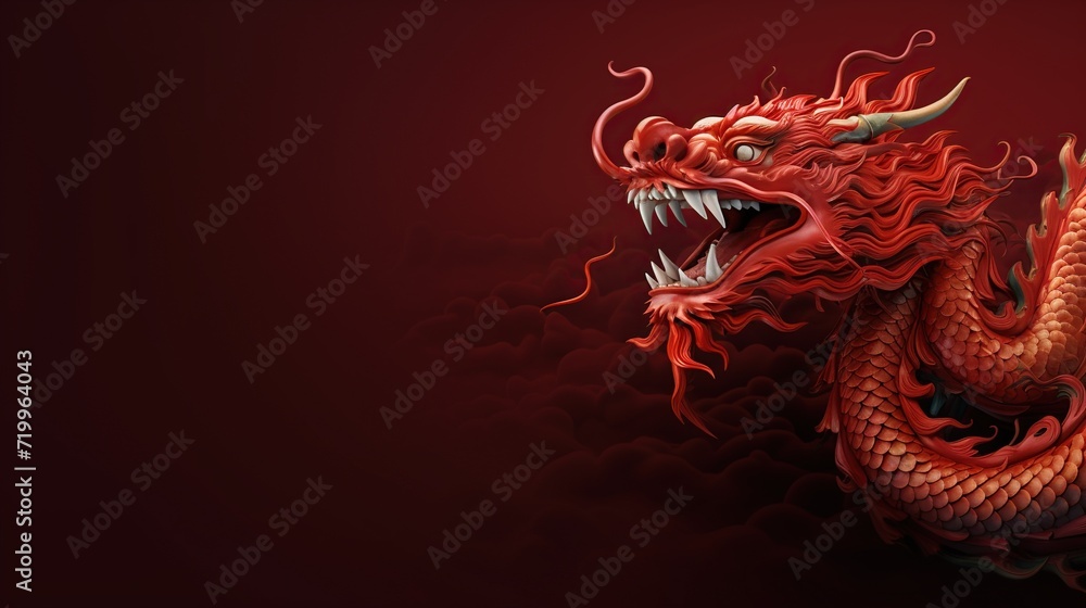 Traditional Chinese dragon on a dark red background for Chinese new year concept. Created with Generative AI