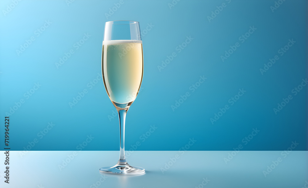 A champagne glass on a simple soft blue background, Valentine's Day, Christmas. Generative AI A champagne glass on a simple soft blue background, Valentine's Day, Christmas. Generative AI
