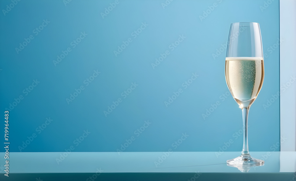A champagne glass on a simple soft blue background, Valentine's Day, Christmas. Generative AI