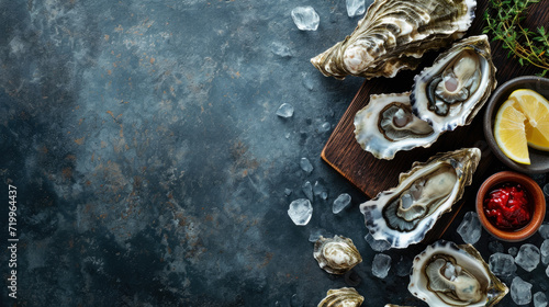 Top view flat lay of various kinds of oyster on the table with copy space. 
