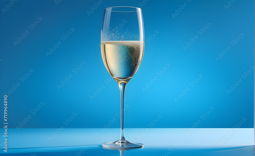 A champagne glass on a simple soft blue background, Valentine's Day, Christmas. Generative AI A champagne glass on a simple soft blue background, Valentine's Day, Christmas. Generative AI