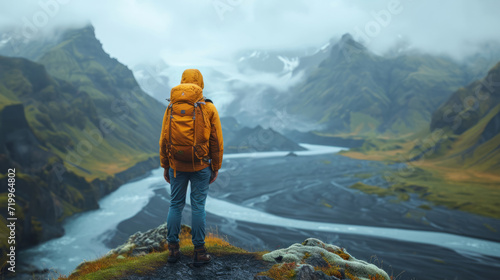 Success, adventure and background with hiking for travel, freedom or vacation. Health, activity and outdoors with person on mountain landscape for wellness, motivation or discovery in nature