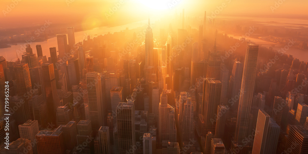 Aerial stunning view of sunrise cityscape
