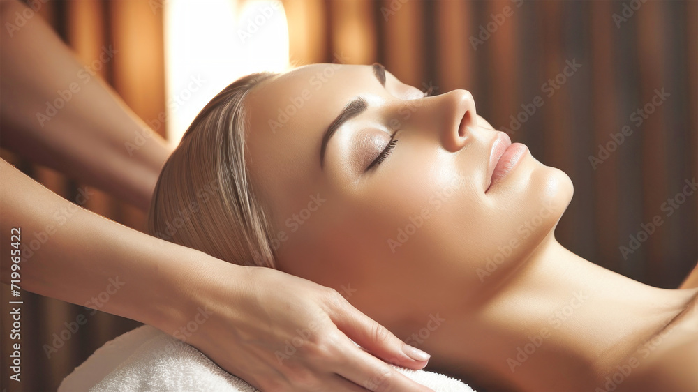 Naklejka premium Portrait of a beautiful gorgeous relaxed pleasant woman with neck pain, professional head acupuncture massage therapist, modern beauty spa, aroma oil. Massage therapist for face and body skin care