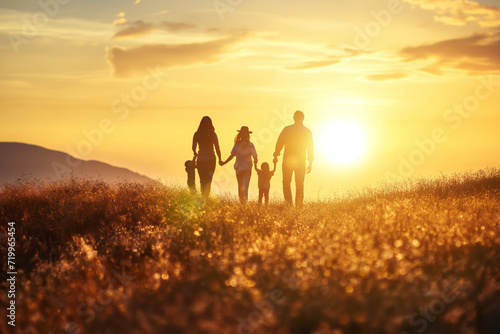 Happy family walking in fields at sunset in nature
