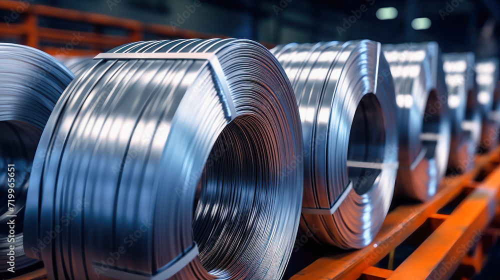 Obraz premium Galvanized steel rolls inside a factory or warehouse. Metallurgical production. Sheet metal for stamping. Selective focus.
