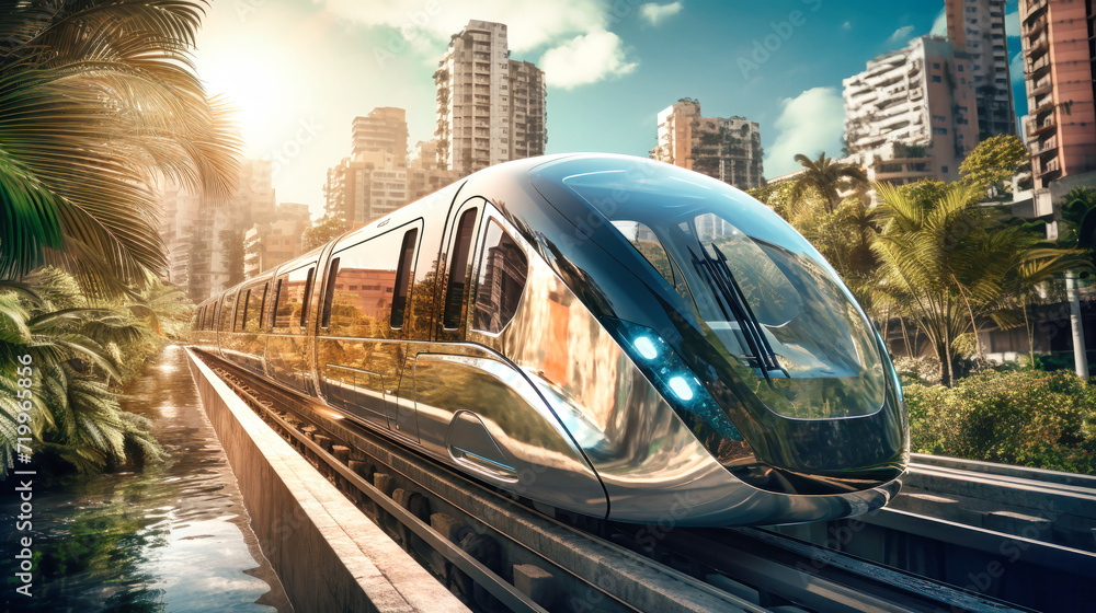 Green land with modern buildings and future trains. The future of urban mobility is tram, subway, metro in a futuristic city.