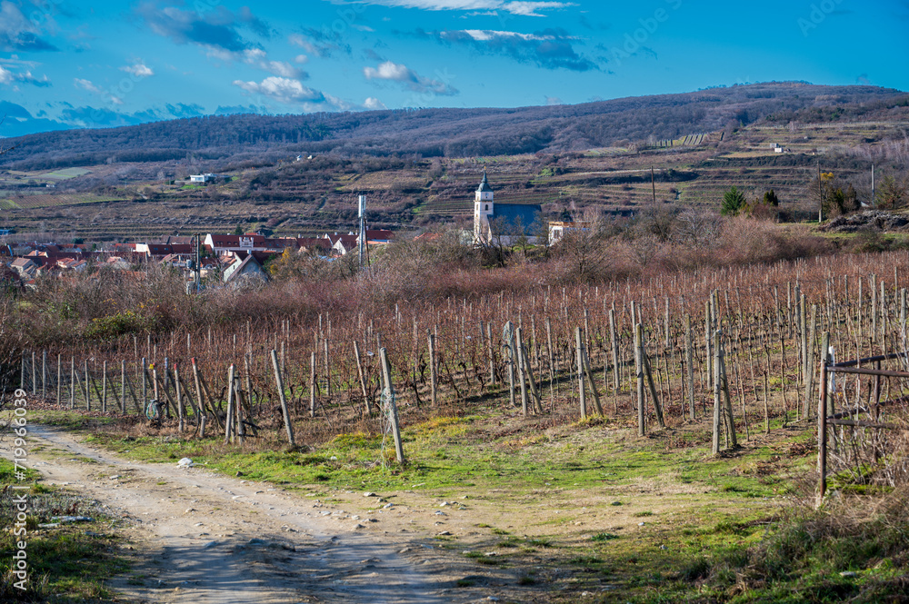 View of the vineyards, the church above the town and hills with vineyards and forest. Blue sky with white and gray clouds.