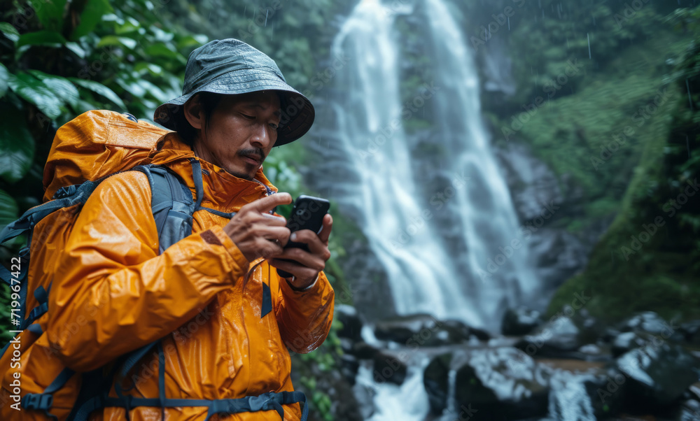 Waterfall, smartphone and looking with hiking gear for travel, freedom or vacation. Health, activity and outdoors with person on landscape view for wellness, motivation or discovery in nature