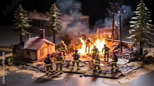 miniature model of firefighters against the fire. accident rescue extinguishing flames by fire fighters toy figures photo