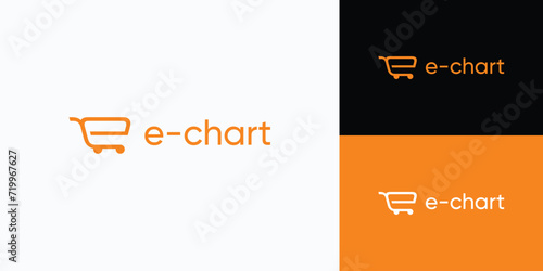 Vector logo design of initial letter e with shopping cart shape.