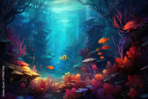 Realistic Underwater World, Colorful life on underwater coral reef, Realistic photo of the underwater Ai generated © Tanu