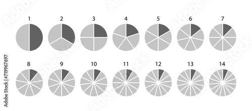 Piechart with segments and slices. Round section graph. Pie diagram template. Gray circle chart. Circular structure divided into pieces. Set schemes. Vector illustration