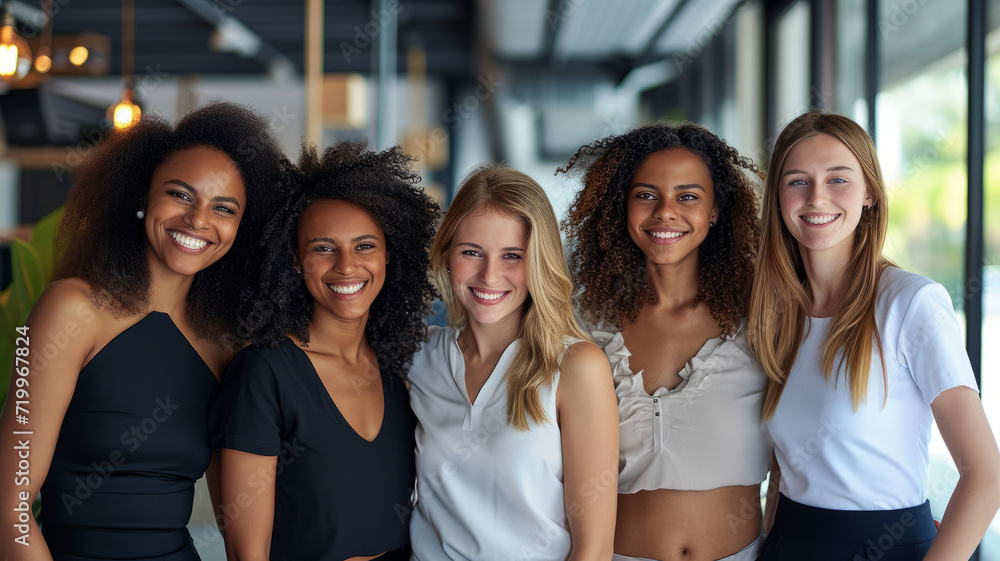 Fototapeta premium International Women's Day portrait of cheerful multiethnic mixed age range businesswomen celebrating, Embrace Equity, woman diversity.