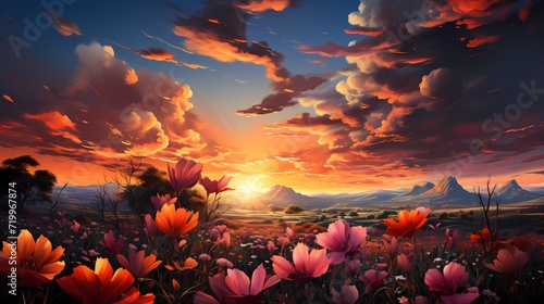 A breathtaking golden sunrise illuminating a vast field of blooming flowers