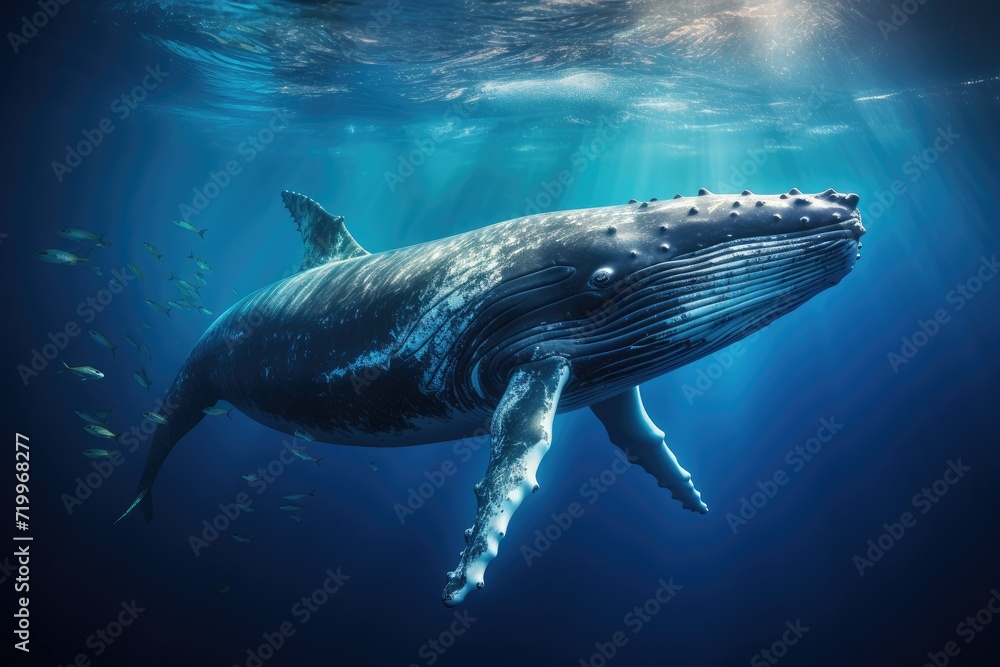 Fototapeta premium Whale swimming in the Blue Ocean, Underwater scene. 3d render, Sperm whale swimming underwater, AI Generated