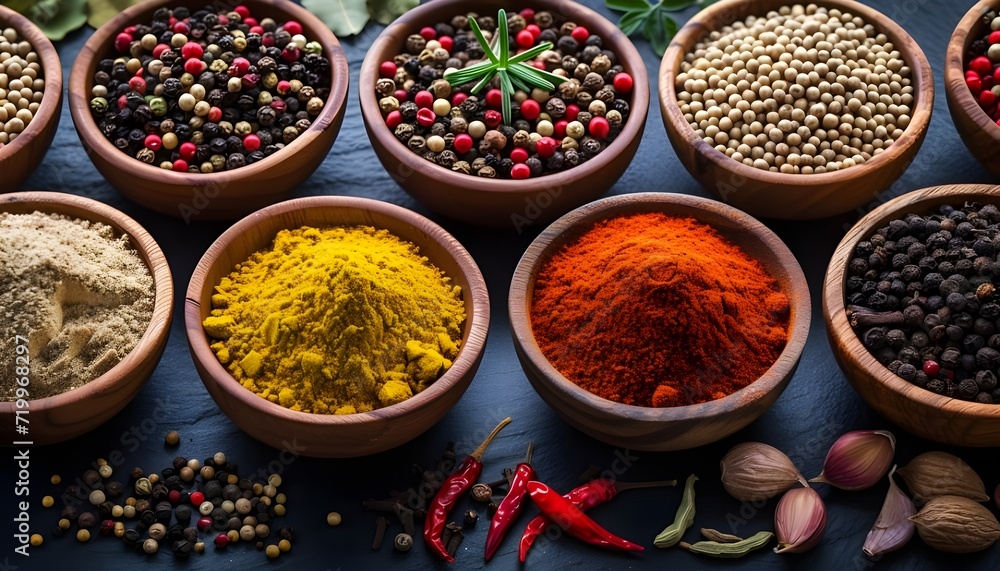 Assortment of various aromatic spices used for seasoning meals