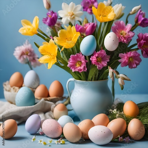 Easter still life with eggs and spring flowers on a blue background