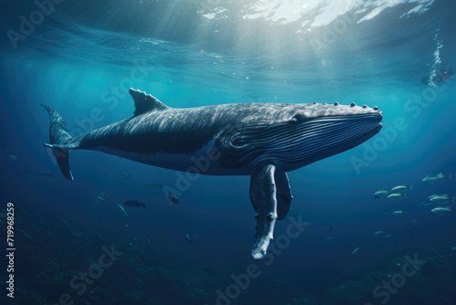Whale swimming in the Blue Ocean  Underwater scene. 3d render  Sperm whale swimming underwater  AI Generated