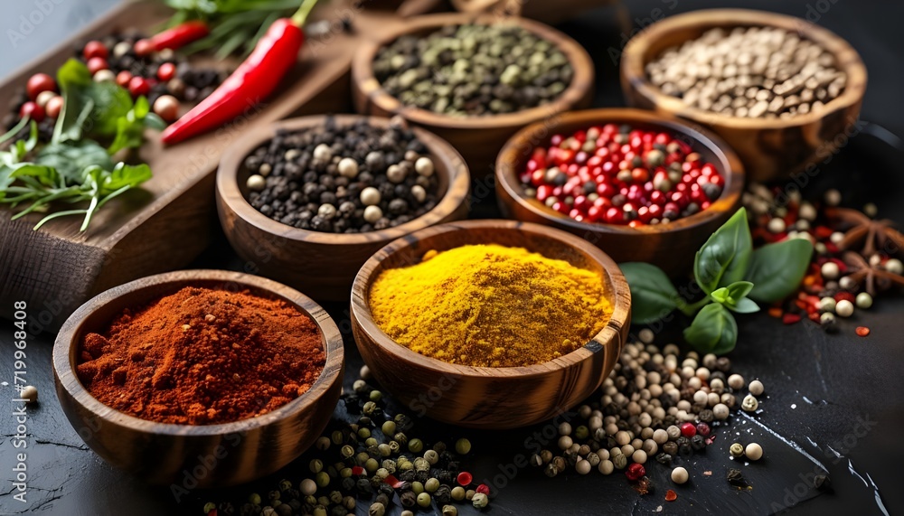 Assortment of various aromatic spices used for seasoning meals