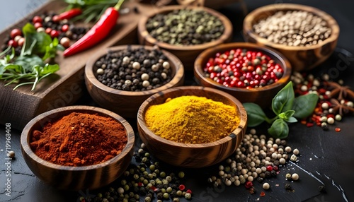 Assortment of various aromatic spices used for seasoning meals