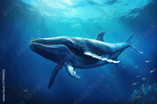 Whale swimming in the Blue Ocean  Underwater scene. 3d render  Sperm whale swimming underwater  AI Generated