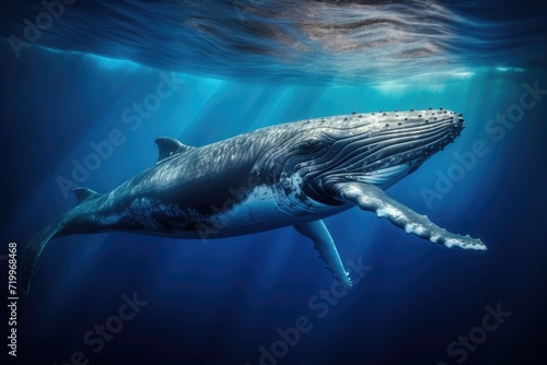 Whale swimming in the Blue Ocean, Underwater scene. 3d render, Sperm whale swimming underwater, AI Generated © Tanu