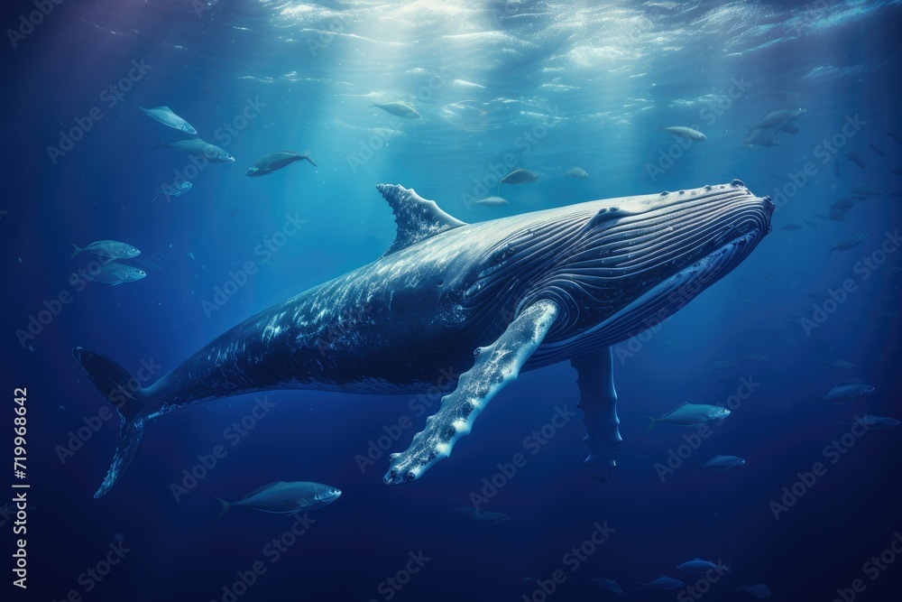 Fototapeta premium Whale swimming in the Blue Ocean, Underwater scene. 3d render, Sperm whale swimming underwater, AI Generated