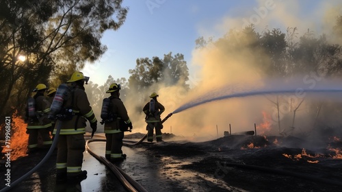 Firefighters spraying down extinguishing a fire flame on fire engine