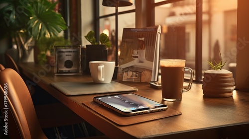 Contemporary work environment with coffee cup and smartphone on desk – productivity and technology in a stylish office setting