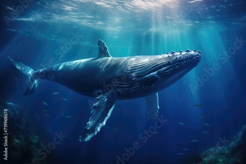 Whale swimming in the Blue Ocean, Underwater scene. 3d render, Sperm whale swimming underwater, AI Generated © Tanu