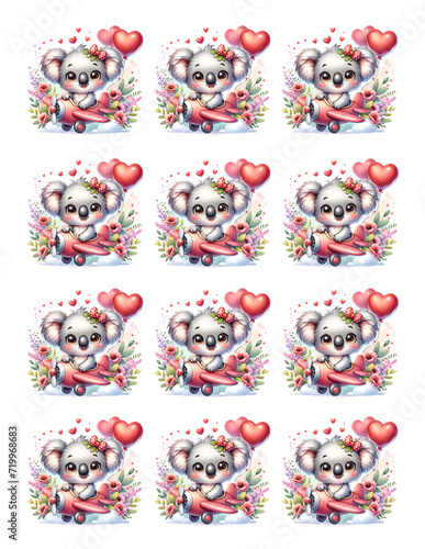 Sticker Sheet Printable Cute Koala Plane Flowers Heart Balloon. Valentine's Day Sticker