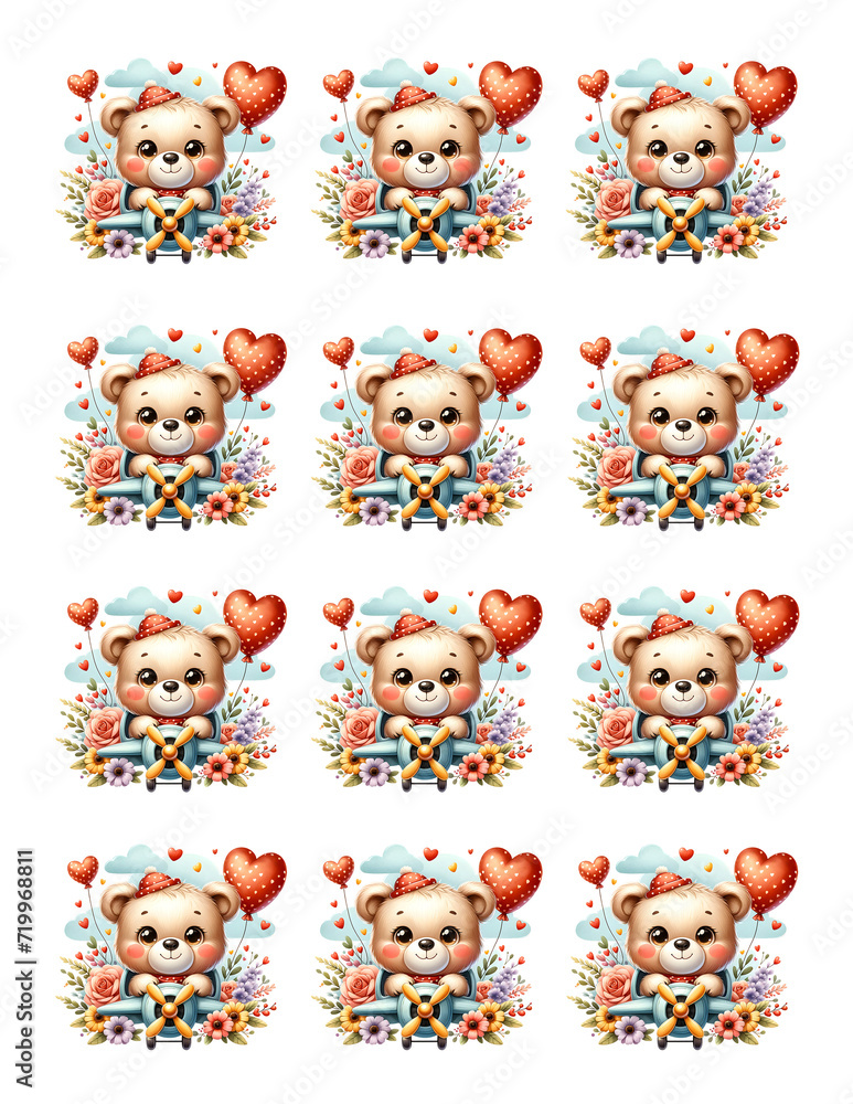 Sticker Sheet Printable Cute Bear Plane Flowers Heart Balloon. Valentine's Day Sticker Sticker Sheet Printable Cute Bear Plane Flowers Heart Balloon. Valentine's Day Sticker