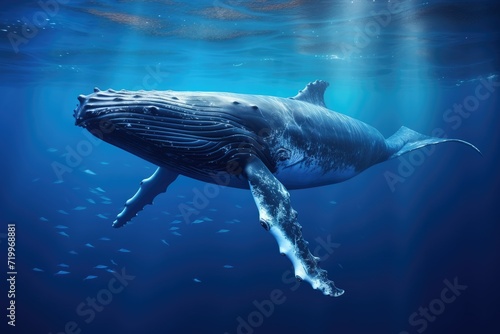 Humpback whale swimming in blue ocean, Underwater scene. 3d render, Sperm whale swimming underwater, AI Generated © Tanu