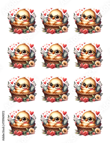 Cute Chicken Flowers Heart Sticker. Valentines Day Stickers Set 