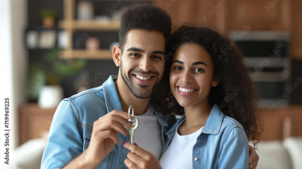 Young multiracial couple holding key from new house