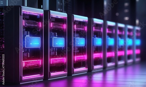 Row of network servers screen lock. Cyber security, data protection concept, digital design, neon color glowing