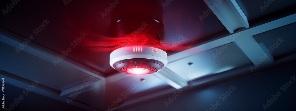 Smoke detector on ceiling. Fire sensor used to activate warning systems control and security in building - obrazy, fototapety, plakaty 