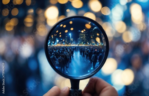 Magnifier glass zoom focus to big data, backdrop of crowd softly glowing blue data