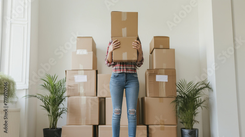 引っ越しの梱包した段ボール荷物をたくさん積み重ねてある背景に、段ボールを2つもって顔が隠れている女性