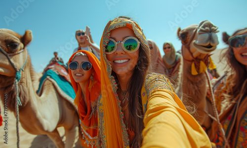Selfie, desert and camel with smartphone for travel, freedom or vacation. Health, activity and outdoors with friends group and sunset view for wellness, motivation or discovery in nature