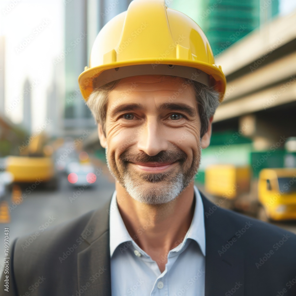 An engineer smiling and standing on a construction site An engineer smiling and standing on a construction site